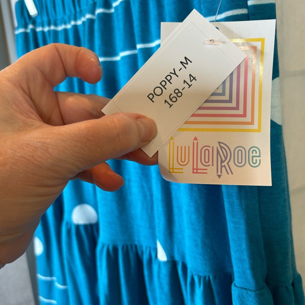 NWT LuLaRoe Poppy tiered, lined Blue Polka Dot Skirt - Picture 2 of 5